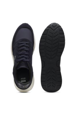 Lace-up sneakers in lightweight fabric with suede trims, Dark Blue