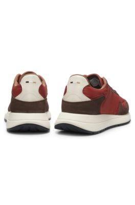 Lace-up sneakers in lightweight fabric with suede trims, Light Red