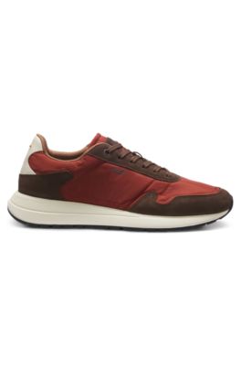 Lace-up sneakers in lightweight fabric with suede trims, Light Red