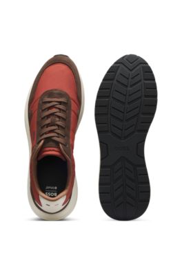 Lace-up sneakers in lightweight fabric with suede trims, Light Red