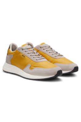 Lace-up sneakers in lightweight fabric with suede trims, Light Yellow