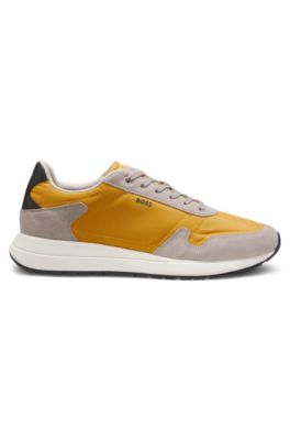 Lace-up sneakers in lightweight fabric with suede trims, Light Yellow