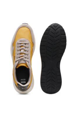 Lace-up sneakers in lightweight fabric with suede trims, Light Yellow