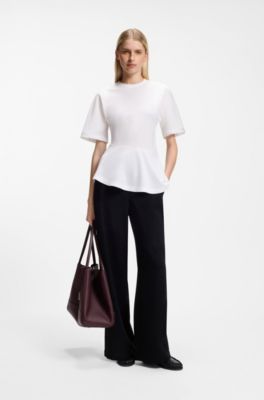 Mercerized-cotton T-shirt with asymmetric peplum, White