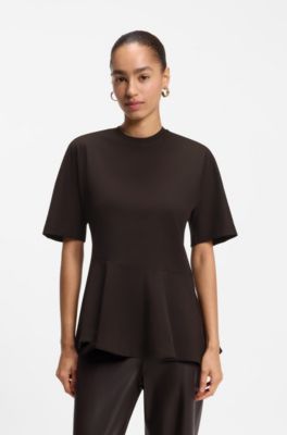 Camiseta de algod&oacute;n mercerizado con peplum asim&eacute;trico, Marr&oacute;n