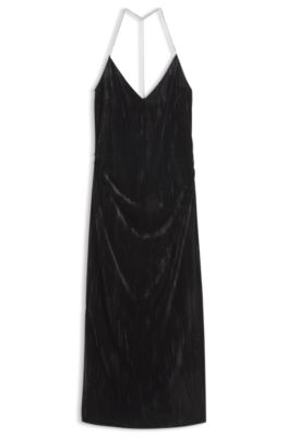 Vestido maxi de terciopelo con tirantes de cadena al cuello, Negro