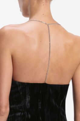 Vestido maxi de terciopelo con tirantes de cadena al cuello, Negro