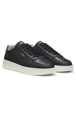 Leather sneakers with gold-tone logo, Black