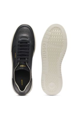 Leather sneakers with gold-tone logo, Black