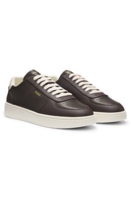 Leather sneakers with gold-tone logo, Light Brown