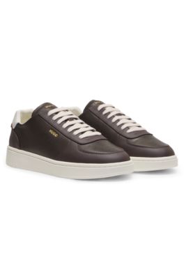 Leather sneakers with gold-tone logo, Light Brown
