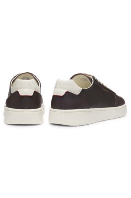 Leather sneakers with gold-tone logo, Light Brown