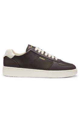 Leather sneakers with gold-tone logo, Light Brown