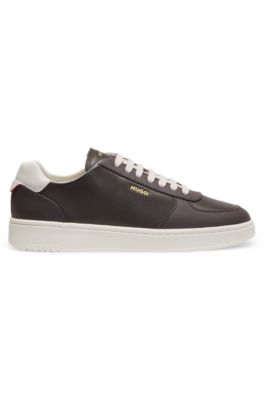Leather sneakers with gold-tone logo, Light Brown