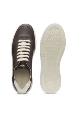 Leather sneakers with gold-tone logo, Light Brown
