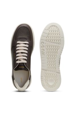 Leather sneakers with gold-tone logo, Light Brown