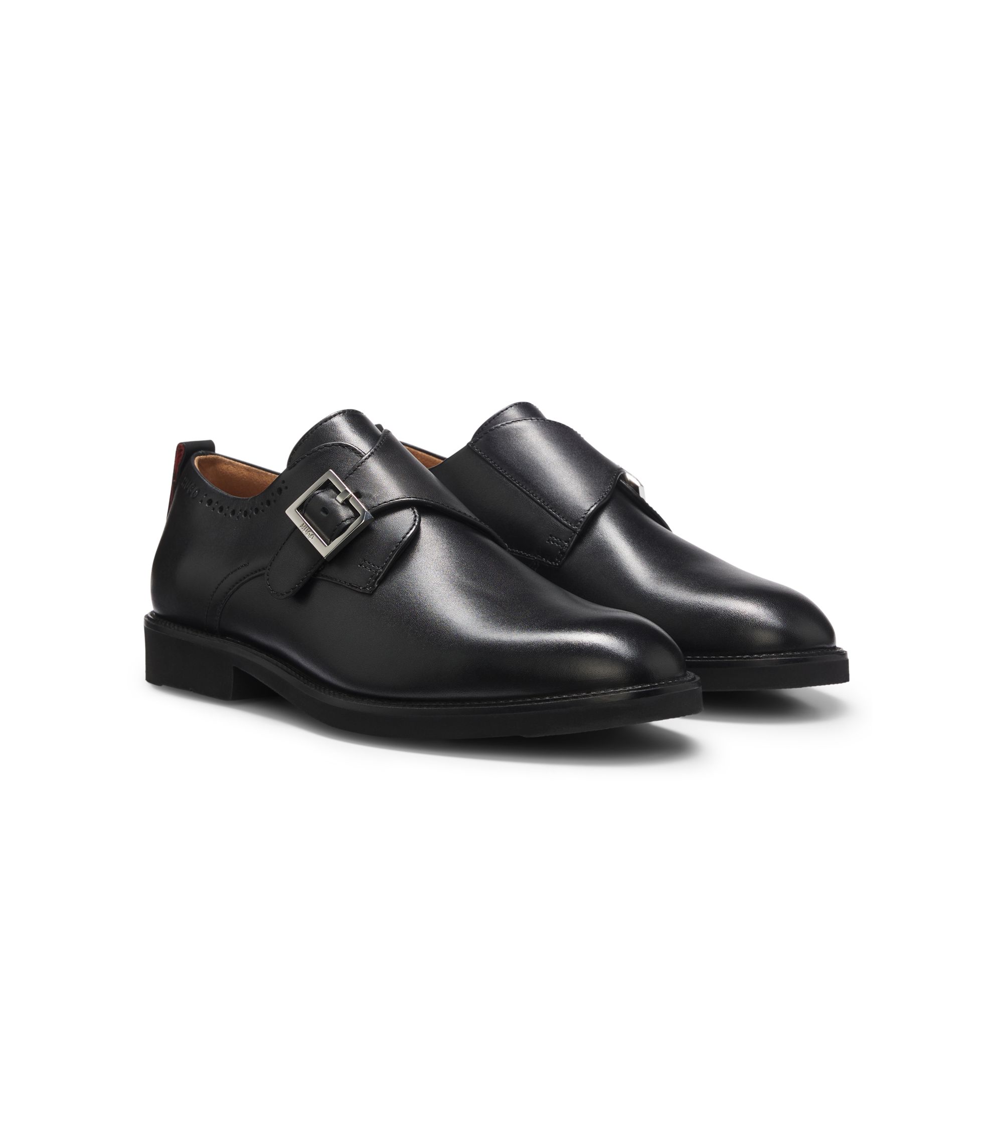 HUGO - Leather monk-strap shoes with brogue detailing - Black display picture 3