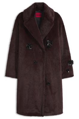Abrigo oversize fit en pelo sint&eacute;tico con detalle de lentejuelas, Marr&oacute;n