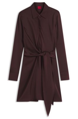 Long-sleeve satin wrap dress with stacked logo, Brown