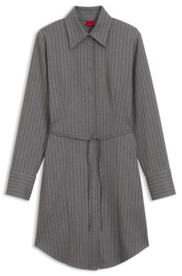Vestido camisero midi de raya diplom&aacute;tica con cintur&oacute;n y pu&ntilde;os anchos, Fantas&iacute;a