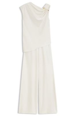 Straight-leg jumpsuit with pin and gathered detail, White