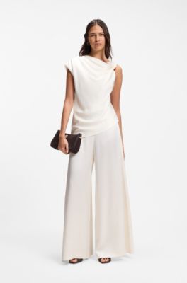 Straight-leg jumpsuit with pin and gathered detail, White