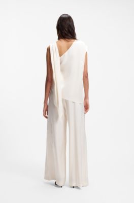 Straight-leg jumpsuit with pin and gathered detail, White