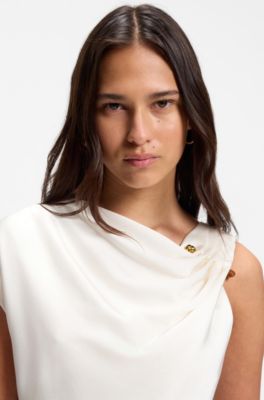 Straight-leg jumpsuit with pin and gathered detail, White