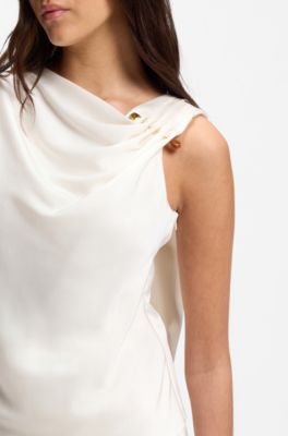 Straight-leg jumpsuit with pin and gathered detail, White