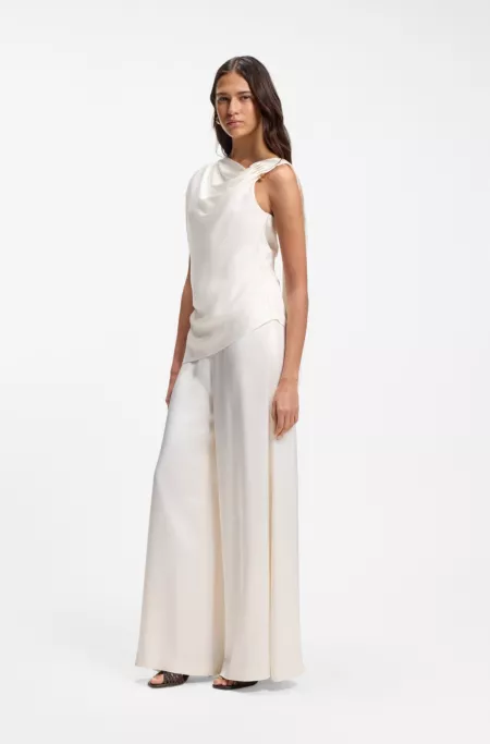 Straight-leg jumpsuit with pin and gathered detail