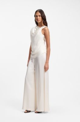 Straight-leg jumpsuit with pin and gathered detail, White