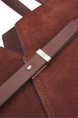 BOSS Revers Tote bag in soft suede with buckled strap, Brown