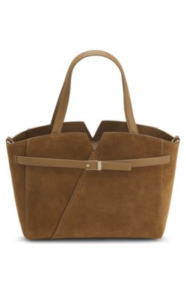 BOSS Revers Tote bag in soft suede with buckled strap, Beige