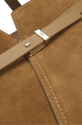 BOSS Revers Tote bag in soft suede with buckled strap, Beige