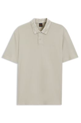 Cotton piqu&eacute; polo shirt with jacquard collar, Light Beige