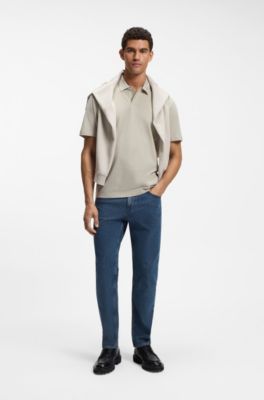 Cotton piqu&eacute; polo shirt with jacquard collar, Light Beige
