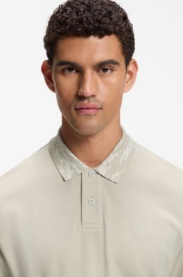 Cotton piqu&eacute; polo shirt with jacquard collar, Light Beige
