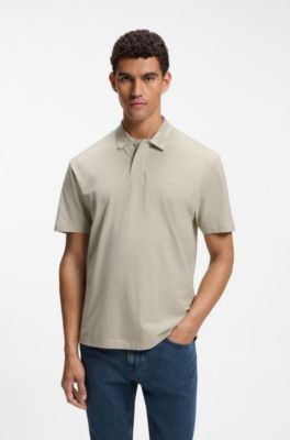 Cotton piqu&eacute; polo shirt with jacquard collar, Light Beige