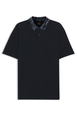 Cotton piqu&eacute; polo shirt with jacquard collar, Dark Blue
