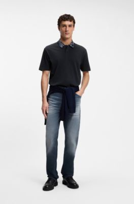 Cotton piqu&eacute; polo shirt with jacquard collar, Dark Blue