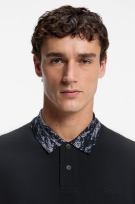 Cotton piqu&eacute; polo shirt with jacquard collar, Dark Blue