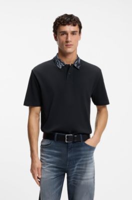 Cotton piqu&eacute; polo shirt with jacquard collar, Dark Blue