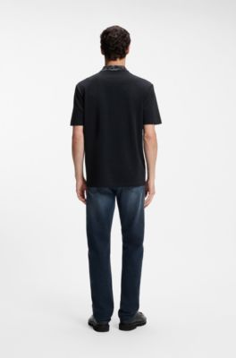 Cotton piqu&eacute; polo shirt with jacquard collar, Dark Blue