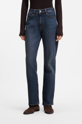 Straight-fit jeans in marble-washed blue stretch denim, Dark Blue