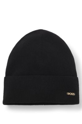 Wool-cashmere beanie with logo placket, Black