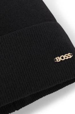 Wool-cashmere beanie with logo placket, Black
