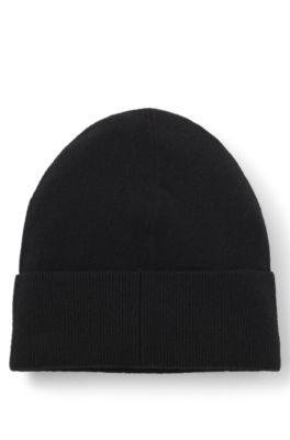 Wool-cashmere beanie with logo placket, Black