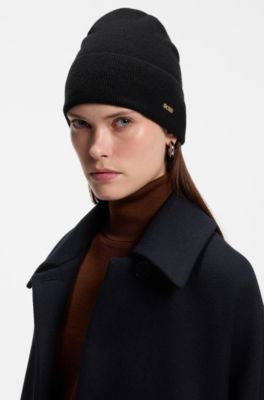 Wool-cashmere beanie with logo placket, Black