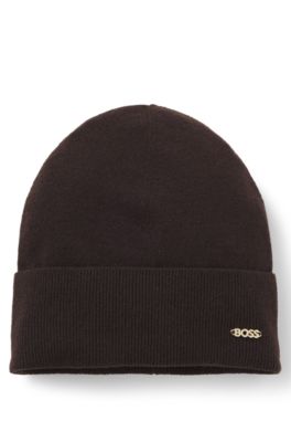 Wool-cashmere beanie with logo placket, Brown
