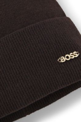 Wool-cashmere beanie with logo placket, Brown